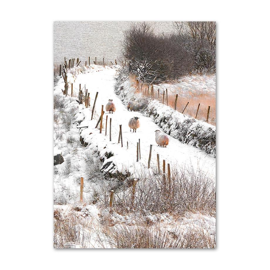 Snow Mountain Deer Squirrel Sheep Pine Leaf Road Wall Art Canvas Painting Posters And Prints Wall Pictures For Living Room Decor