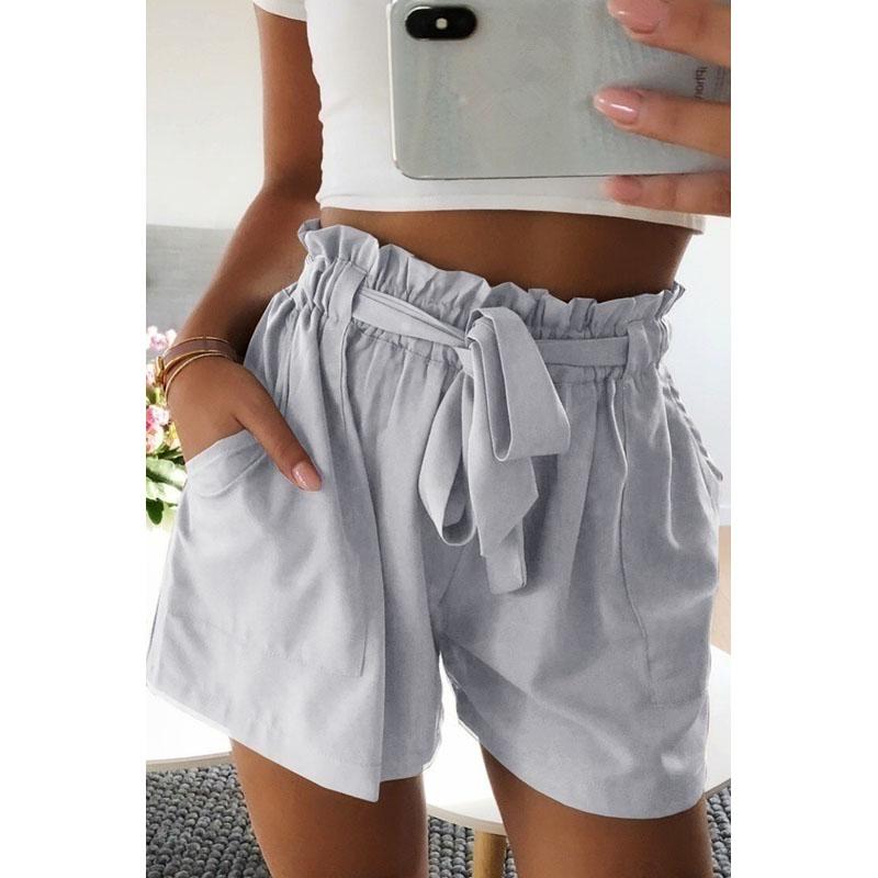 Women Summer Fashion Lace Up Short Pants Casual High Waist Pure Color Crepe Woven Tie Beach Shorts Pocket Cotton Short Pants