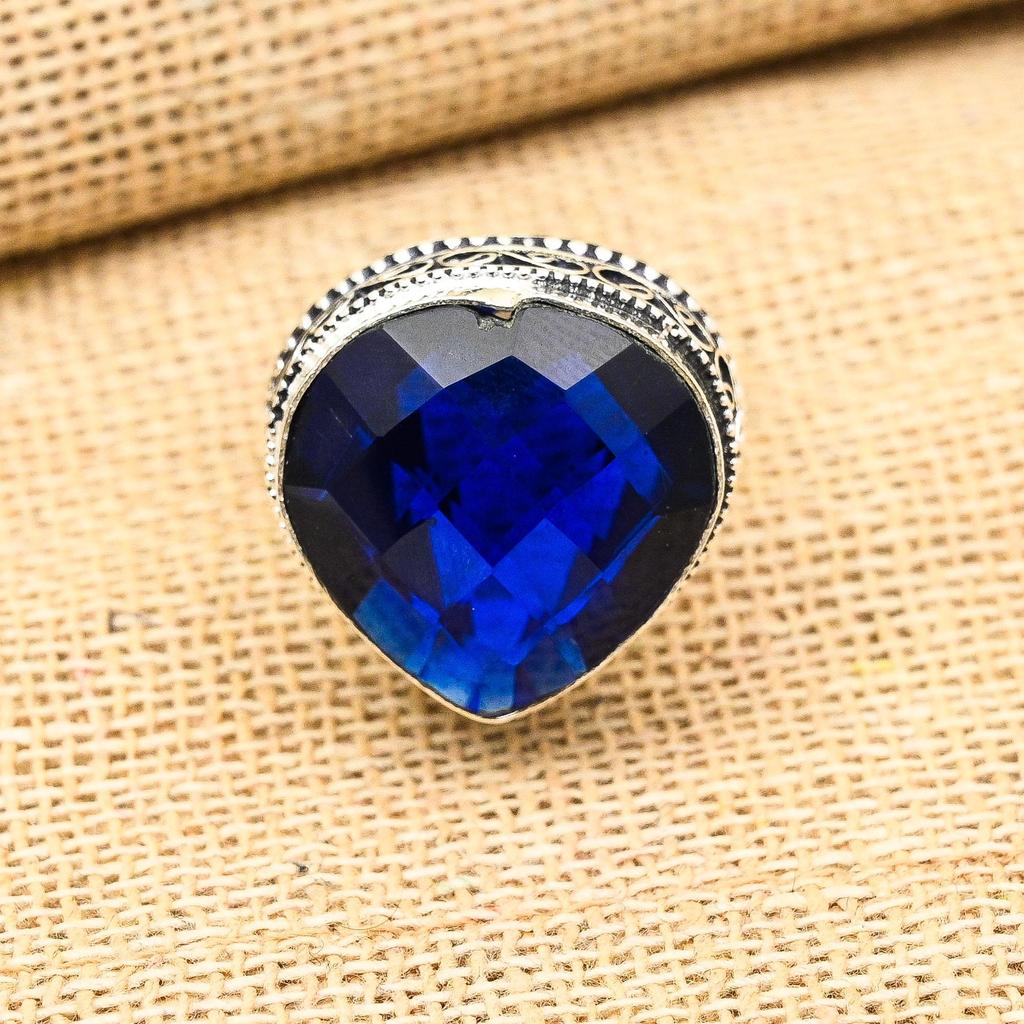 Unique Blue Sapphire Gemstone Handmade 925 Sterling Silver Heart Shape Jewelry Ring