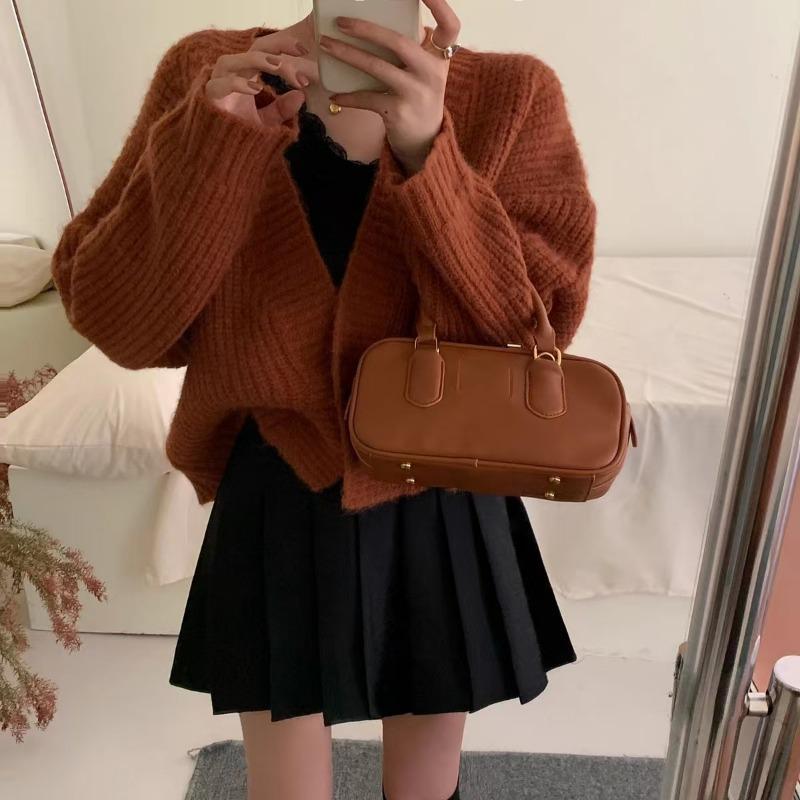 

Корейская мода V-образный вырез короткий вязаный кардиган свитер осень и зима длинный рукав куртка V-образный вырез мода элегантный женский повседневный трикотажный короткий пальто 1759 One Size коричневый