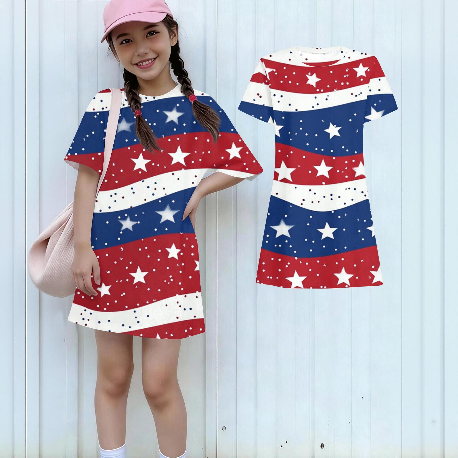 

Девочки День Независимости Принт Повседневное Платье Дети Свободное Круглый Вырез Короткий Рукав Тонкое Летнее Платье 120
