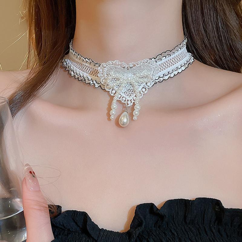 

French Pearl Bow Lace Heart Necklace for Women Fabric Hollow Pendant Collarbone Chain Elegant High-End Lolita Dress Accessories белый