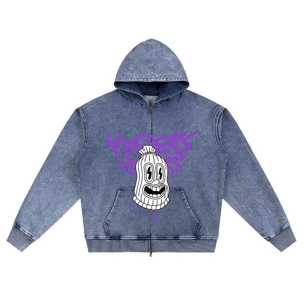 DTG Print Knitted Denim Zip-Up Hoodie Haters Brother Print Zipper Hoodies  