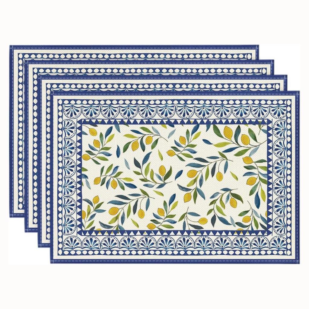 4-Piece Summer Lemon Print Linen Placemat and Napkin Set, Heat and Stain for Kitchen Dining, 430cm