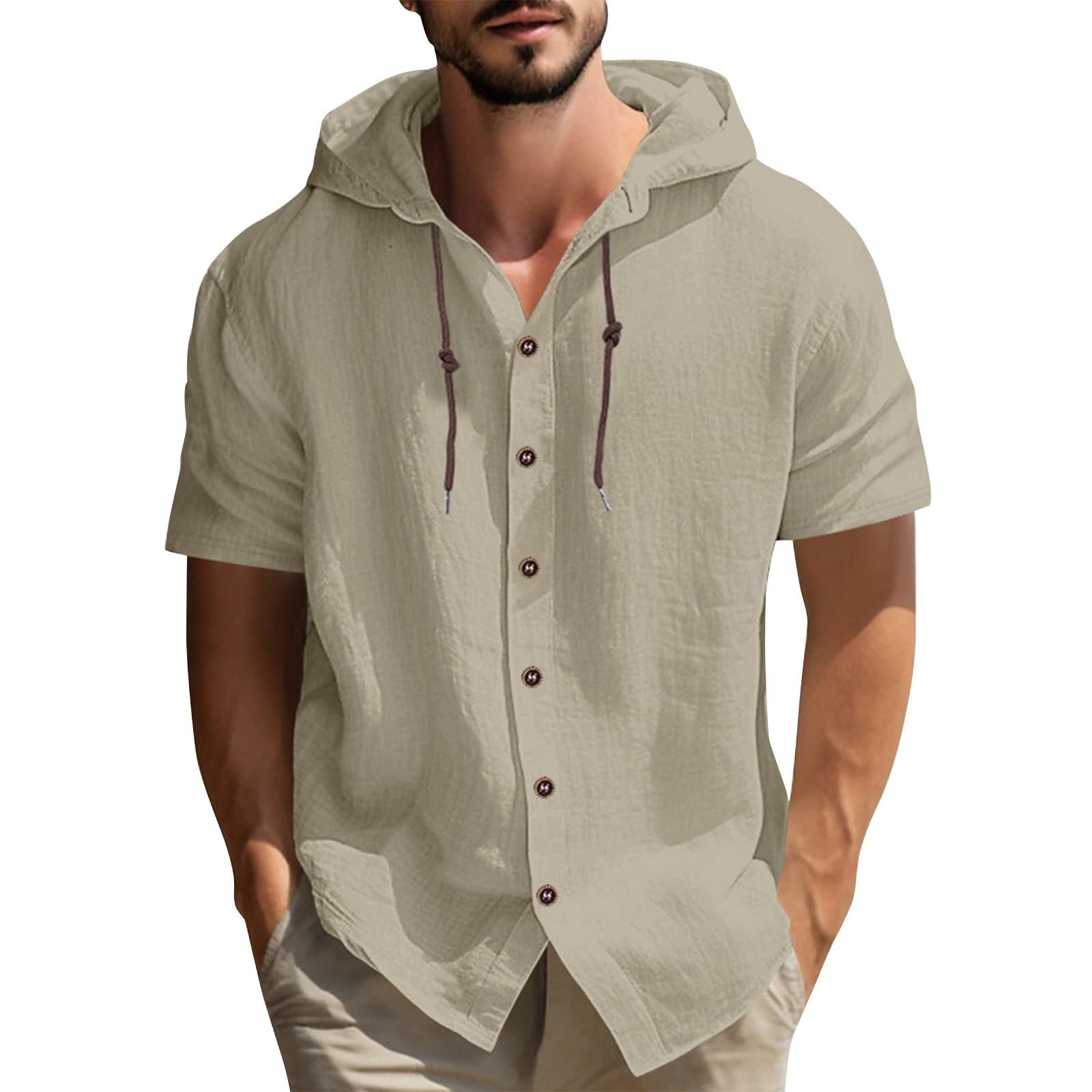 Men s Solid Color Casual Short Sleeved Shirt With Hood And Drawstring Cotton And Linen Cardigan M хаки