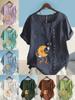 Moda Feminina Camiseta de Manga Curta com Gola Redonda Estampa de Lua Crescente Humanoide Verão Casual Algodão Linho Camisa Gráfica Blusa Solta para Lazer