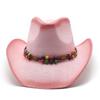 Pink Spray Paint Colored Wood Bead Straw Hat Ethnic Style Handmade Sun Hat Rolled Brim Warped Edge Western Denim Straw Hat