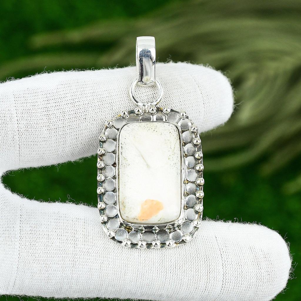 Rectangle Scolecite Stone Sister Handmade Engagement Artisan Pendant 925 Silver