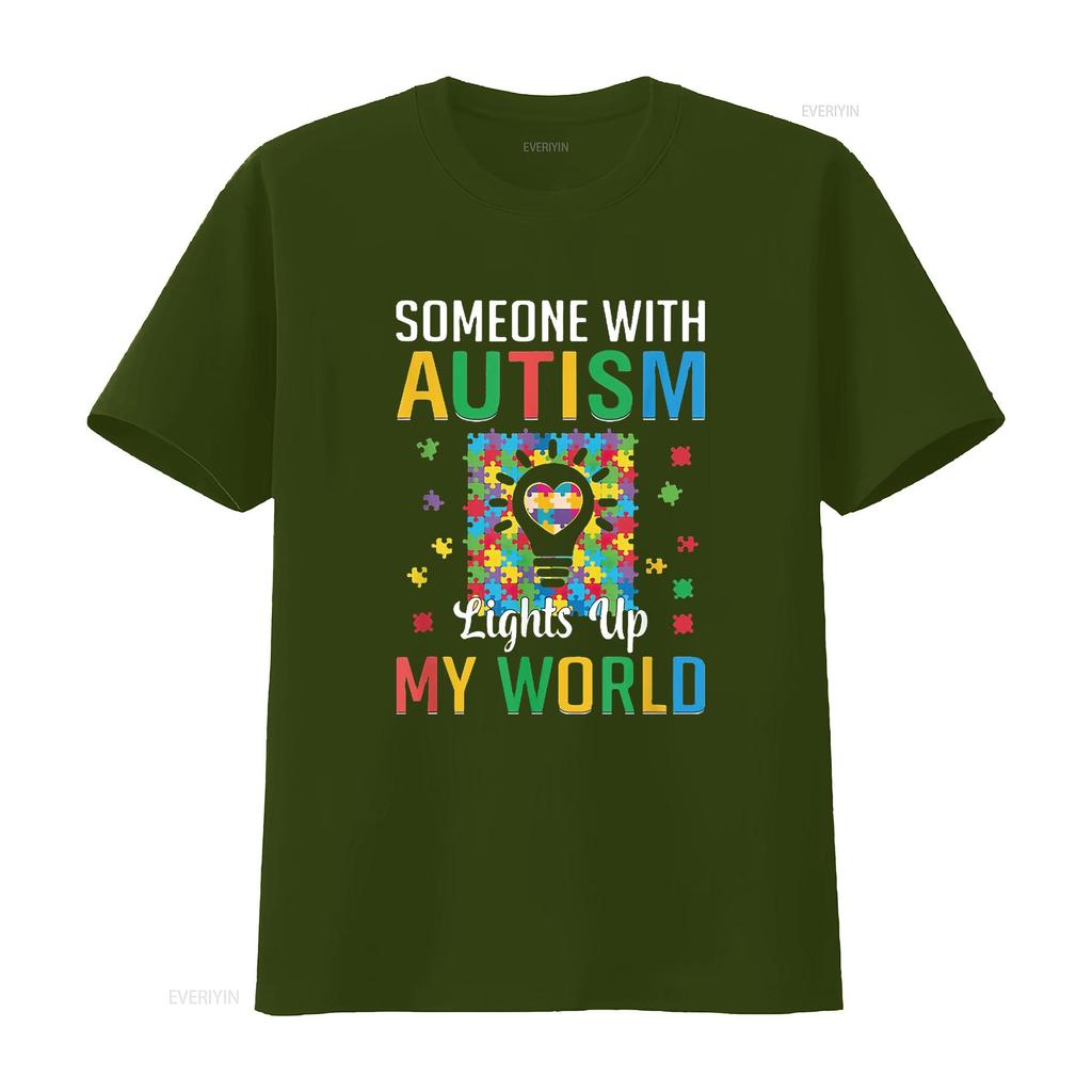 Womens Someone With Autism Lights My World Puzzle Austic Awareness T Shirt Vintage Washed Streetwear Comfortable Soft