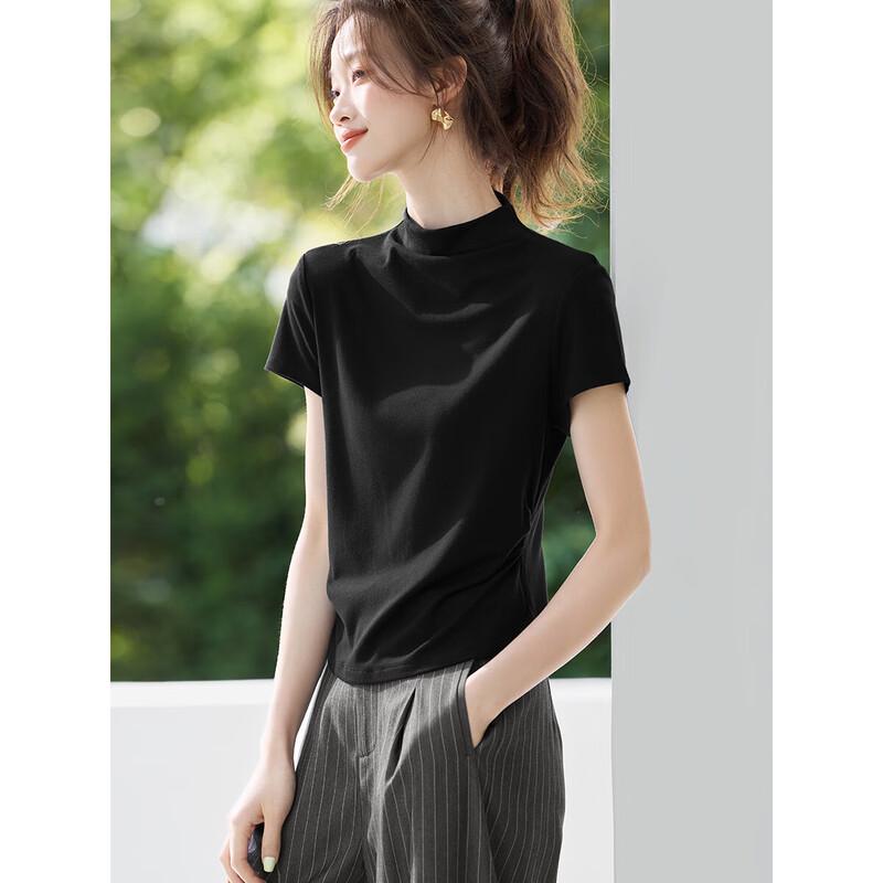 Women s Lace Panel Semi-High Collar Pleated Waist T-shirt XL