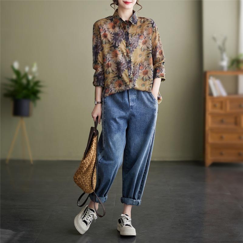 Women Casual Loose Long Sleeve Printed Fashion Shirt Slimming Daily Base Top