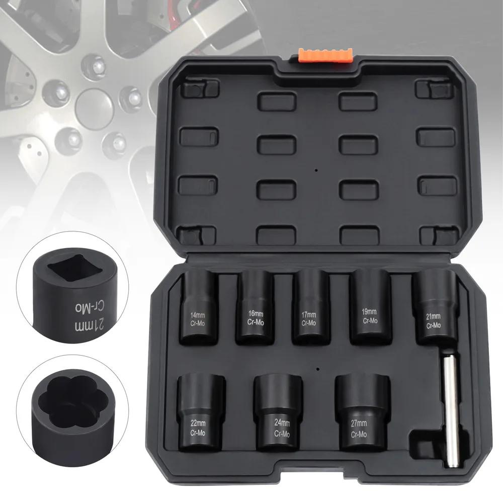 8pcs Wheel Lug Nut Remover Set – Heavy Duty Damaged/Locked/Rusty Bolt Extractor Tool Kit – Universal Fit for Cars, Trucks & SUVs