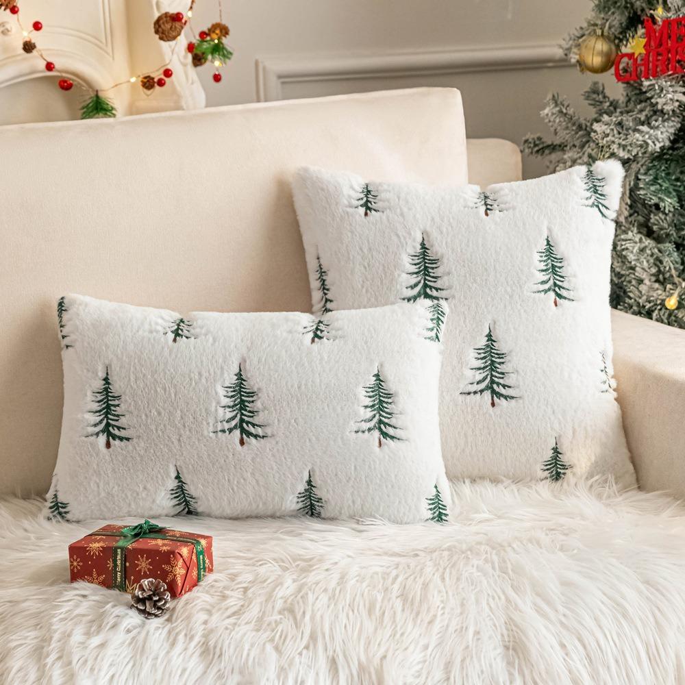 New Faux Rabbit Fur Throw Pillow Cover Christmas Tree Pattern Cozy Fluffy Pillowcase White 45x45cm Cushion Cover