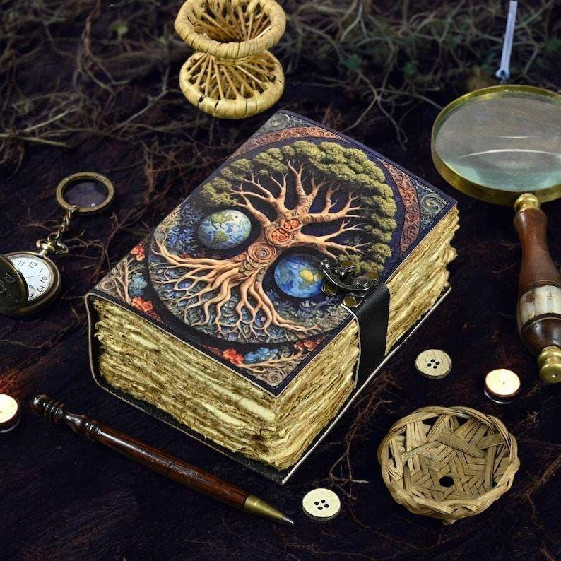 Vintage Leather Journal, Tree of Life Fat Journal, Blank Spell Book of Shadows Celestial Gifts For Him Her