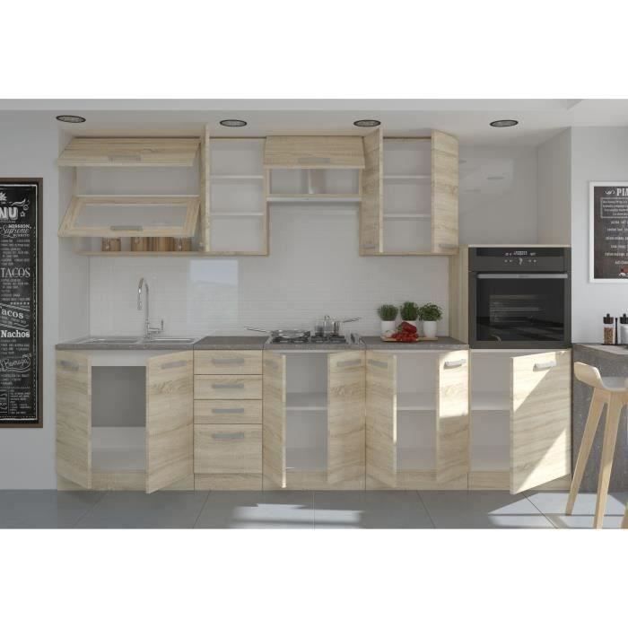 LASSEN Cuisine complète L 300 cm avec demi-colonne four et hotte - Décor chêne sonoma