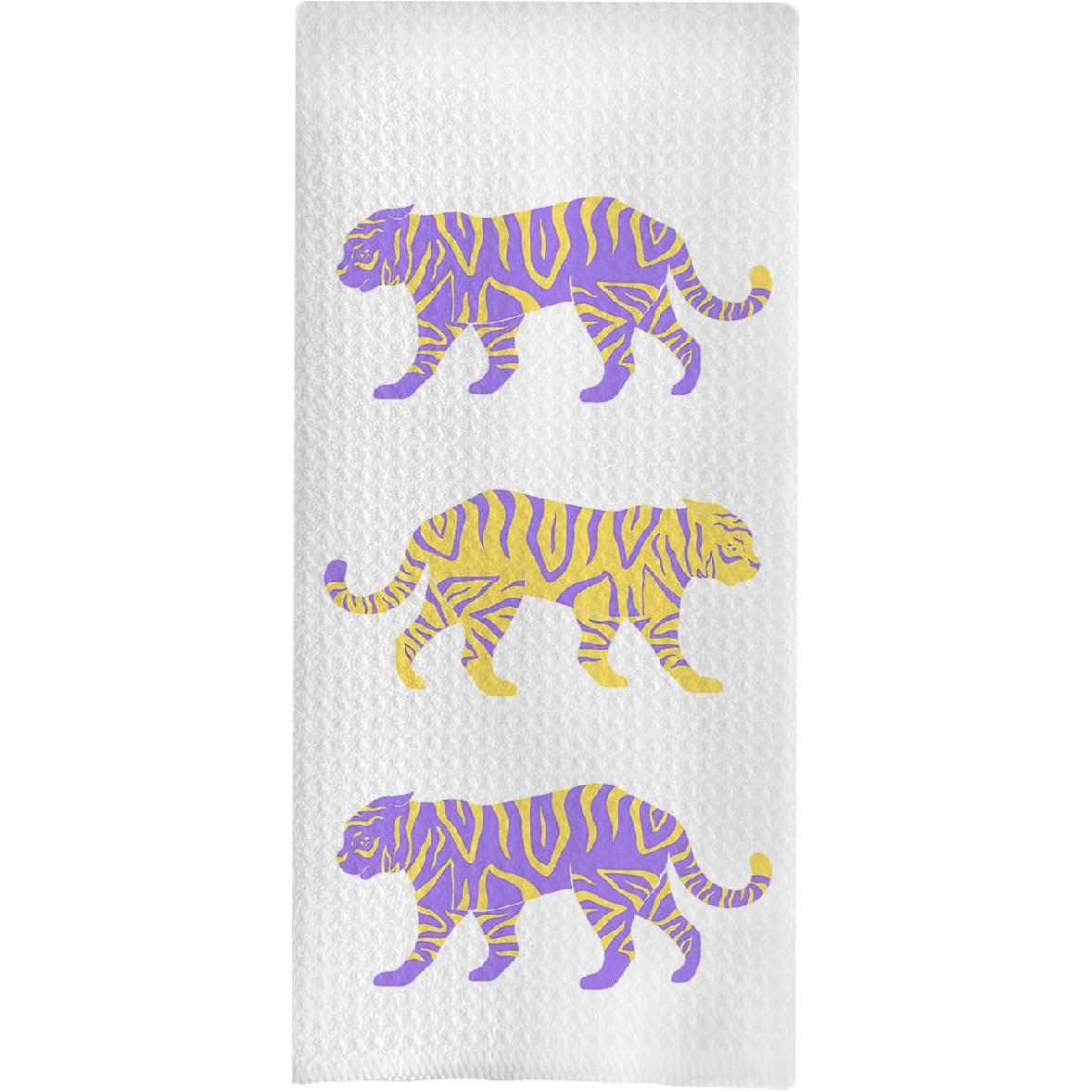 Trendy Preppy Tiger Kitchen Dish Towels, Purple and Gold Tiger Decorative Hand Towels for Bathroom, Preppy Bathroom Decor, 16x24 Inches
