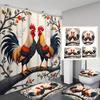 4Pcs Double Chicken Shower Curtain Set with Non-Slip Bath Mat, Toilet Lid Cover, Contour Rug & 12 Hooks, Bathroom Decor