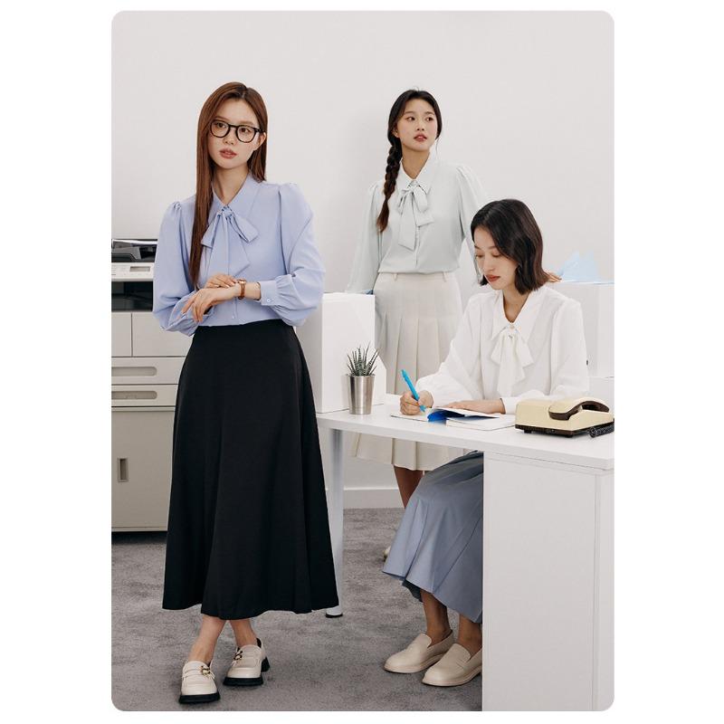 Spring and Autumn White Long Sleeve Chiffon Bow Shirt Women's Professional Formal Inner Top