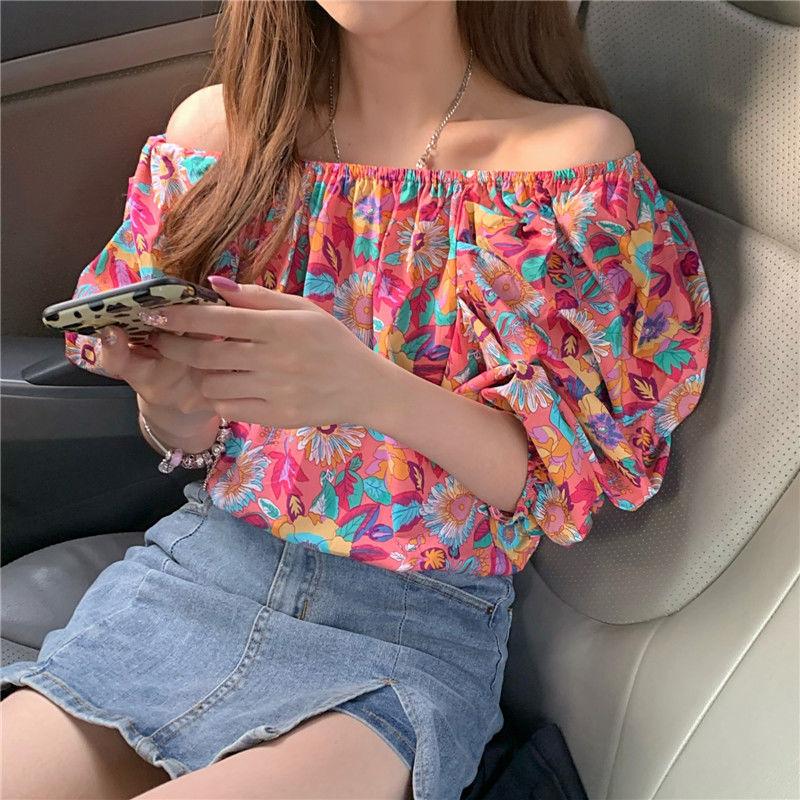 Women's Summer Seaside Holiday Off-shoulder Flower Color Shirts Female Large Size Loose Two Ways To Wear T-shirt Top