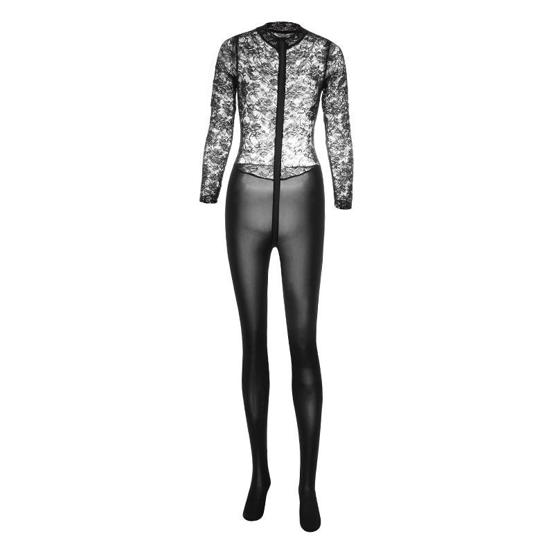 Yi Jin Women's Lace See-Through Bodycon Lingerie with Double-Headed Zipper and Open Crotch