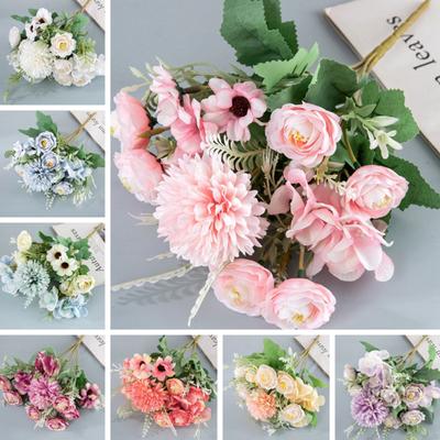 Artificial Mixed Flower Realistic Pan Weaving Tea Rose Chrysanthemum Silk Fake Bouquet for Wedding