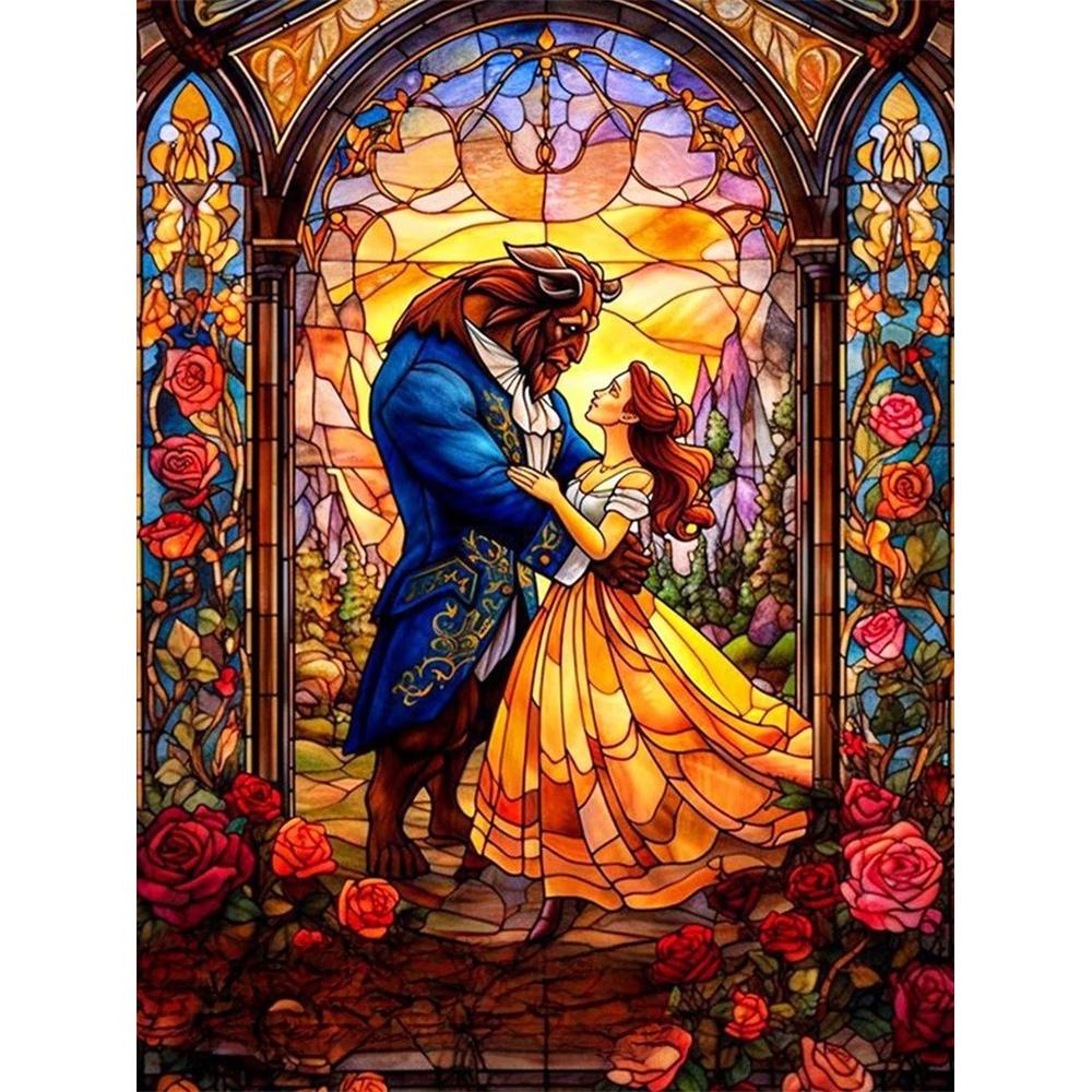Disney Diamond Painting 5D Beauty and The Beast Stained Window Style Art Illustration Cartoon Movie Cross Stitch EmbroideryHandmadeGift HomeDecoration Round 20x30cm