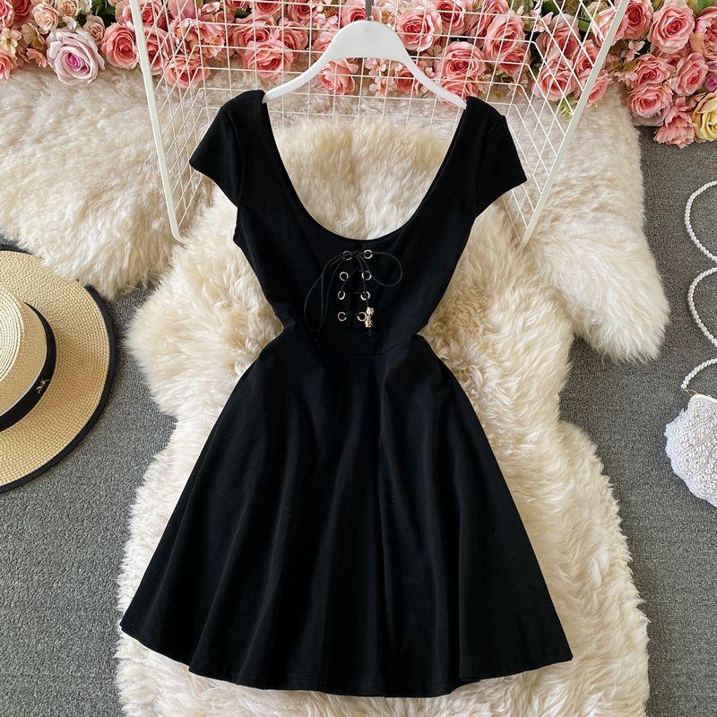 

Streamer Clothing 2024 Summer New Arrival Deep V Neck Stripes Dress Silm Slimming Low-Cut Large Swing A- line Short Skirt Black L