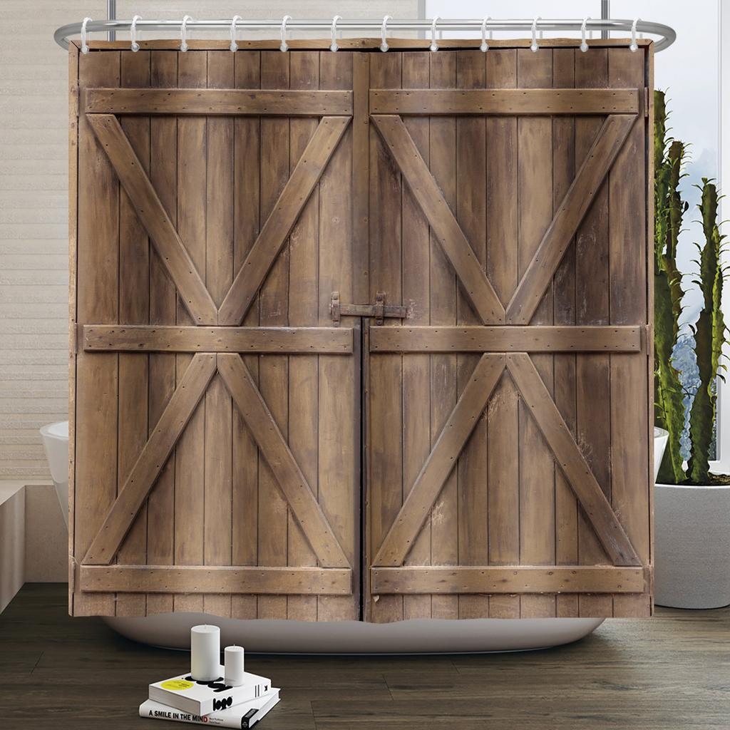 Retro Wood Door Shower Curtain Farmhouse Country Vintage Farm Barn Wooden Waterproof Polyester Shower Curtain for Bathroom Decor