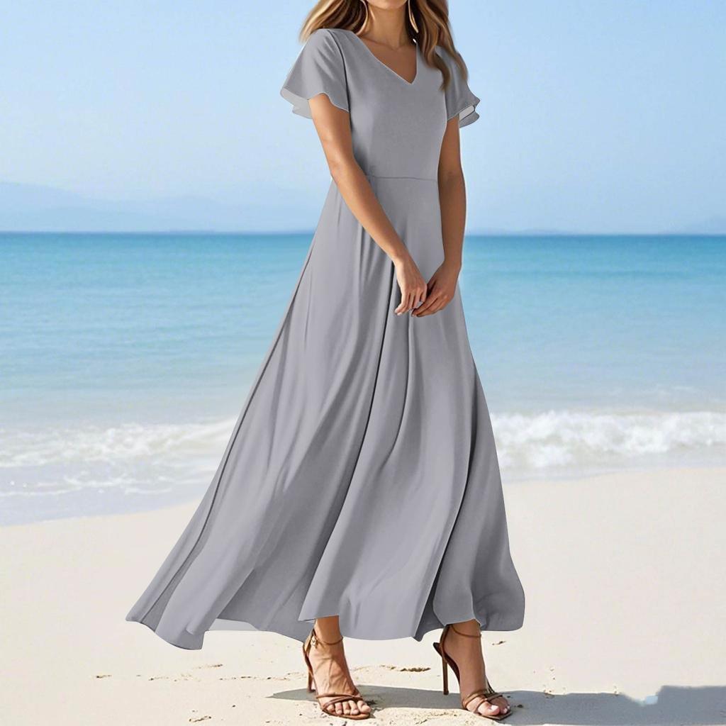 Women's Summer Casual Fashion Solid Color Dresses V-Neck Short Sleeve Dresses