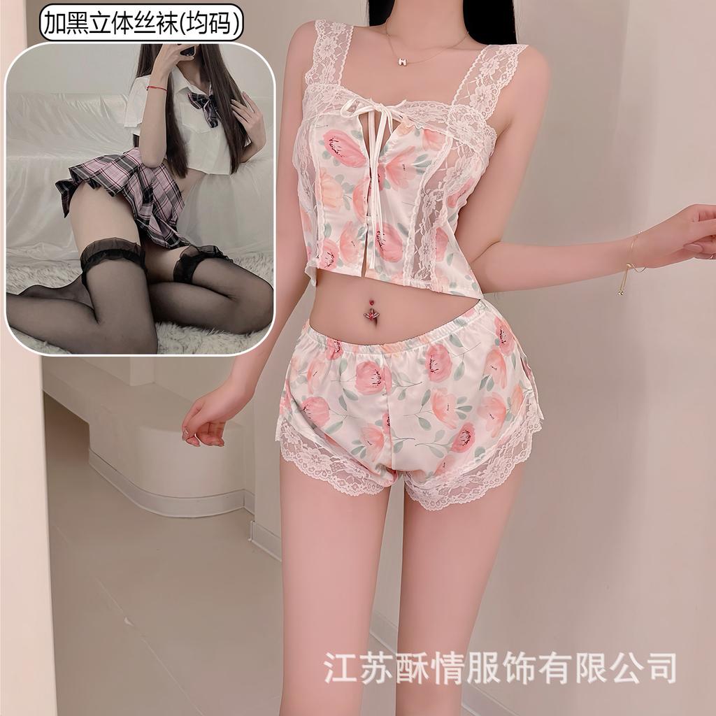 Crispy Sexy Sweet and Spicy Women's Summer Ice Silk Thin Pure Desire Suspender Shorts Two-piece Set Lace Temptation Set
