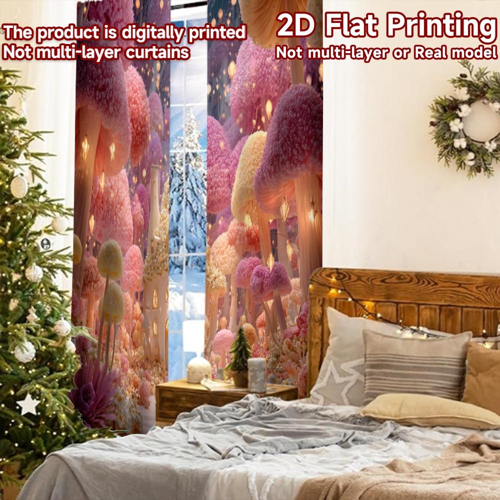 2pcs, 2D FLAT PRINTING Curtains (Without Rod) Mushroom Haven Christmas holiday curtains Versatile Polyester Curtains All Seasons