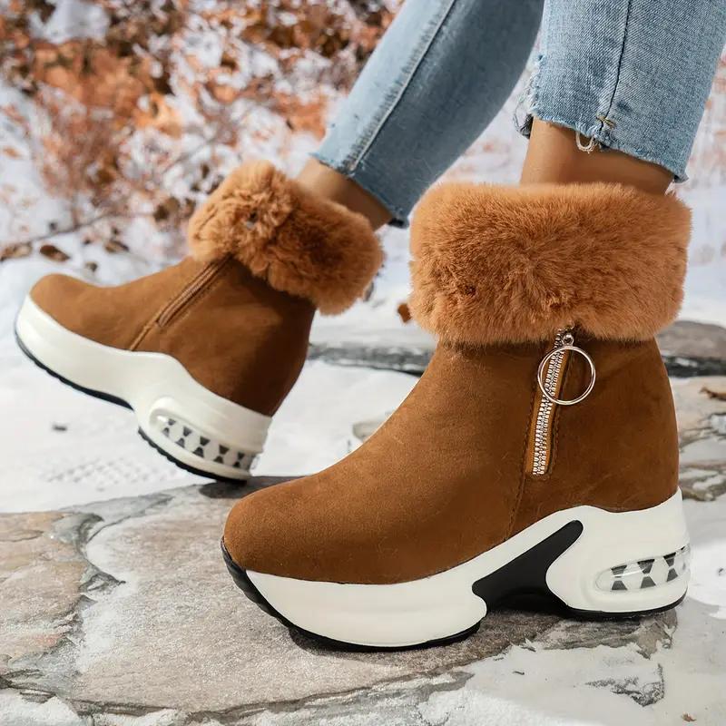 Women's Winter Plush-Lined Platform Ankle Boots with Thick Sole & -Trimmed Cuffs - Slip-On Zipper Casual Shoes, Round Toe , Winter Footwear