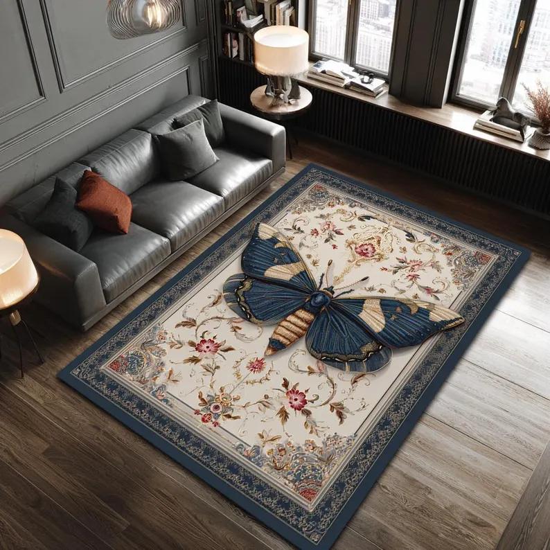 Vibrant Butterfly Garden Rug Colorful Floral Area Rug Nature Inspired Decor Carpet Home Decoration