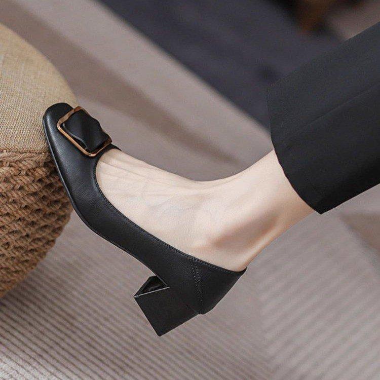 French Light Mouth Single Shoes Women's Thick Heel New Soft Leather Long Standing Is Not Tired Feet Comfortable Square Buckle Evening Breeze Gentle Sh