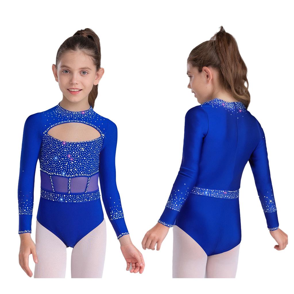 Girls Dance Bodysuit Long Sleeve Rhinestone Leotard with Back Zipper & Cutout for Performance