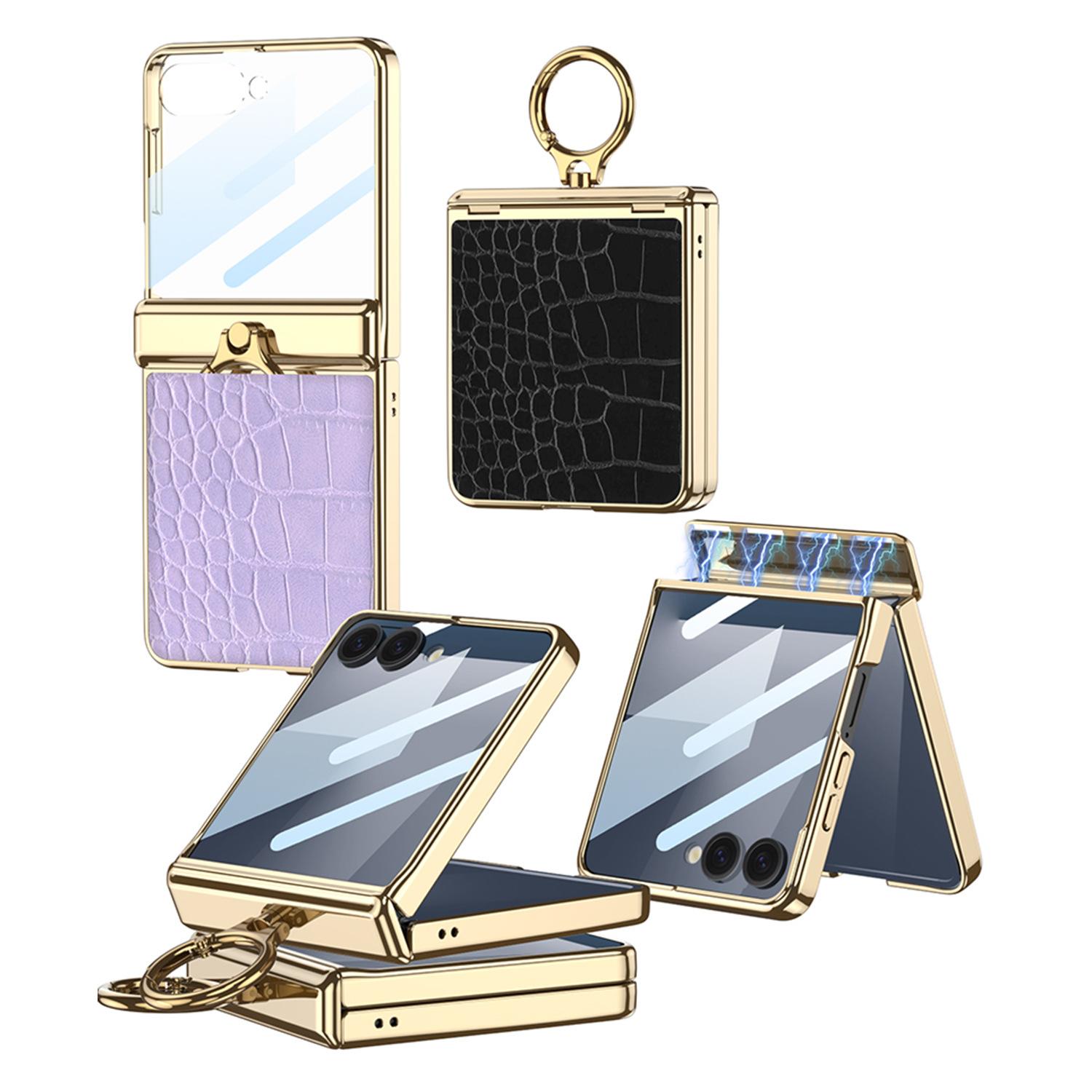 Adatto per Custodia per Telefono Cellulare Samsung Z FLIP7 Placcata Elettroliticamente Anello da Dito Cerniera Custodia Protettiva in Pelle Liscia Gus
