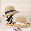 New Trendy Summer Women'S Straw Hat Rolled Edge Bow Breathable Sunscreen Large Eaves Sun Hat Shading Sun Beach Seaside Cap