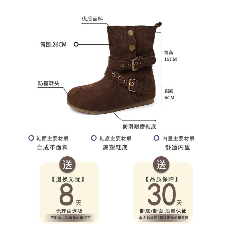 Retro style European and American belt buckle round head flat heel short boots women's 2025 autumn and winter new comfortable and versatile fashion M