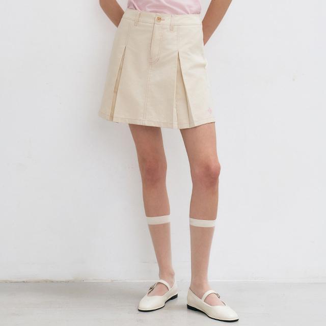 City Breeze Pleated Stitch Contrast Mini Skirt_Beige