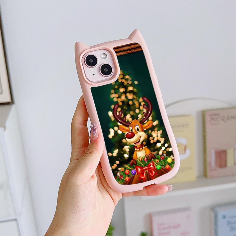 Cat Ear Soft Phone Case for iPhone 16 15 14 13 12 Pro Max Anti-Drop Transparent Acrylic Back Cover NY36 New Year Christmas Santa Claus Christmas tree