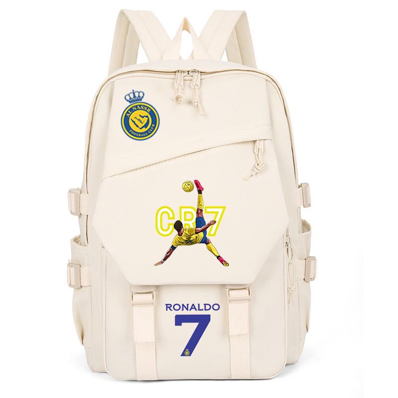 Girlsiii Shoes Unisex Kids White Football Star Ronaldo Surrounding Cr7 Printing Student Schoolbag Trend Backpack To Reduce The Burden And Large Capacity
