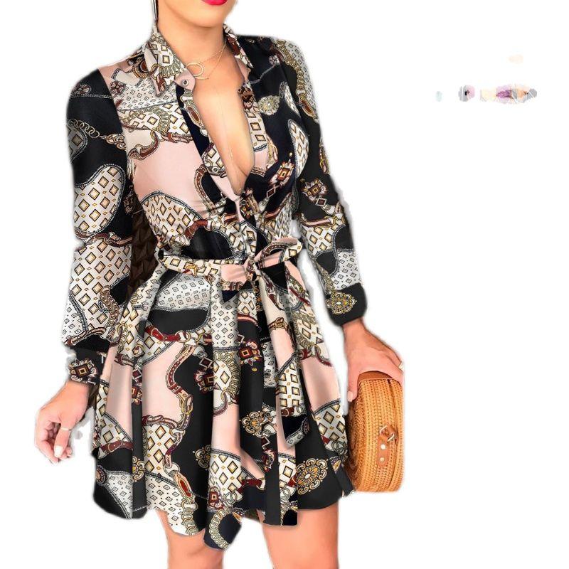 Women's Long Sleeve V-neck Lace up Sexy Print Dress