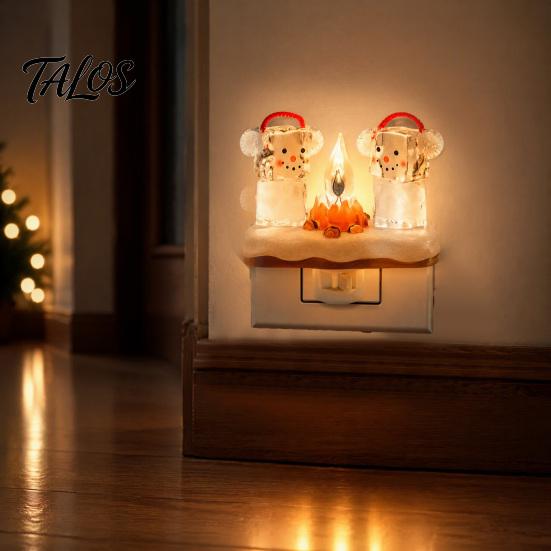 Warm Twinkling Christmas Decor Night Light, Santa Claus Grandma Bonfire Resin LED Lamp Holiday Nursery for Bedroom, Plug-in Festive Ambient