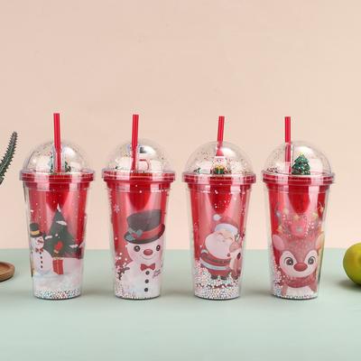 Water Bottle Double Insulation Christmas Plastic Cup Student High Value Internet Celebrity Straw Cup Outdoor Portable Broken Ice Cup