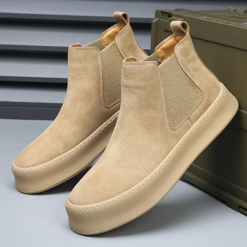

New Men Genuine Suede Leather Casual Shoes Concise Flat Skate Shoes Winter Warm Plush Chelsea Boots 38 верблюд