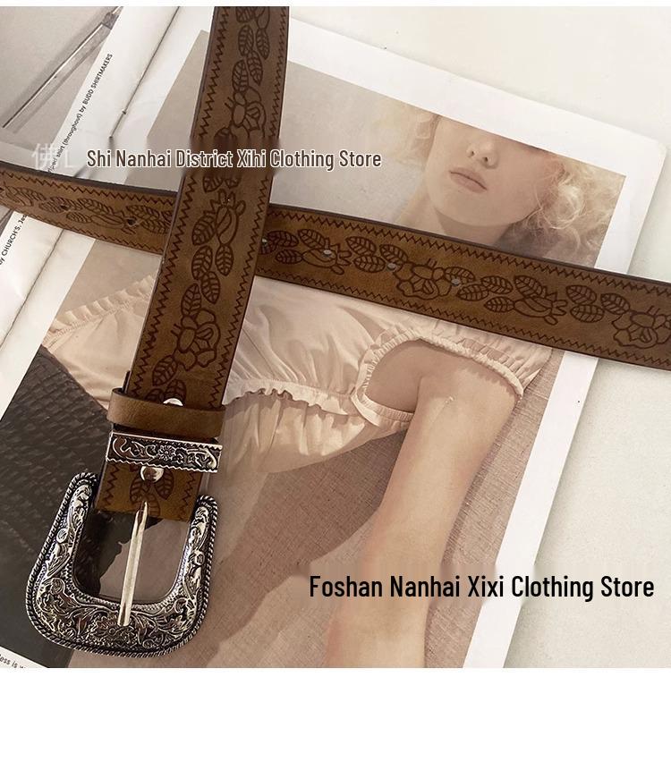 

Новый широкий кожаный ремень в стиле ретро Y2K для женщин с цветочным принтом и резной пряжкой 105 cm коричневый
