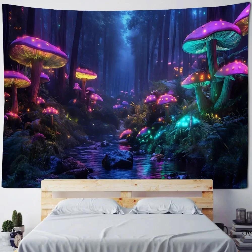 3D Mushroom Forest Printed Tapestry Hippie Wall Hanging Cloth psychedelic Scene Background Poster Bohemian Room Decoration