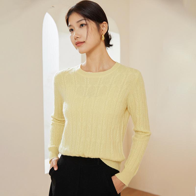 100% Pure Cashmere Women's Round Neck Knit Sweater with Wheat Ear Jacquard Design