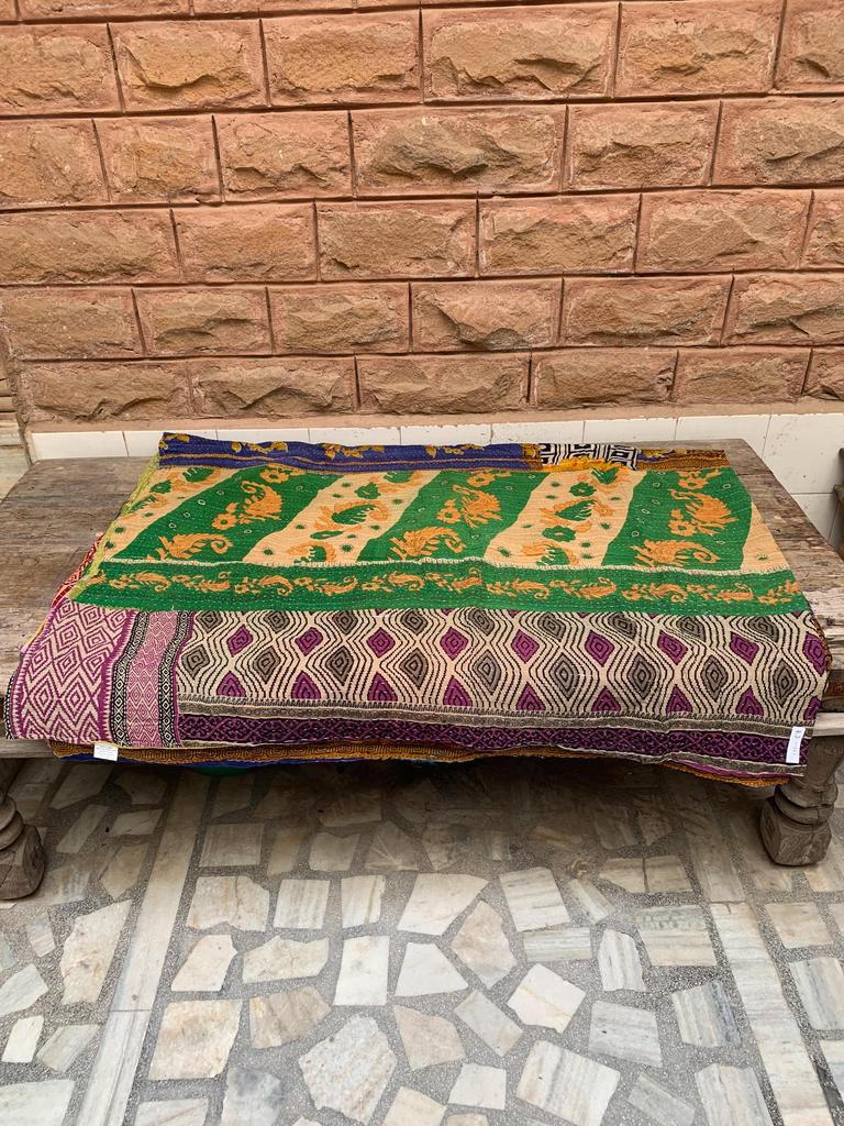 Green Floral Kantha Quilt: Vintage Indian Patchwork Throw