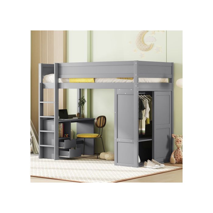 Lit Mezzanine - MUVOE - 90x200cm - Armoire Intégrée - Bureau Pratique - Tiroirs De Rangement